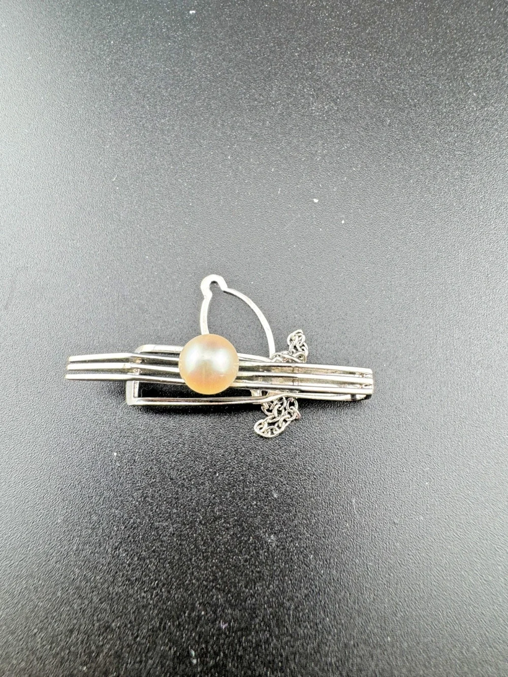 Vintage Sterling Silver Pearl Tie Clip Mens Tie Bar Chain